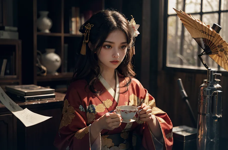 La imagen es de una hermosa mujer joven con un kimono rojo con acentos blancos y dorados. Tiene el cabello largo y oscuro con una flor blanca en él. Está sentada en una sala de té japonesa tradicional, con una taza de té en las manos. La habitación está decorada con arte y muebles tradicionales japoneses.