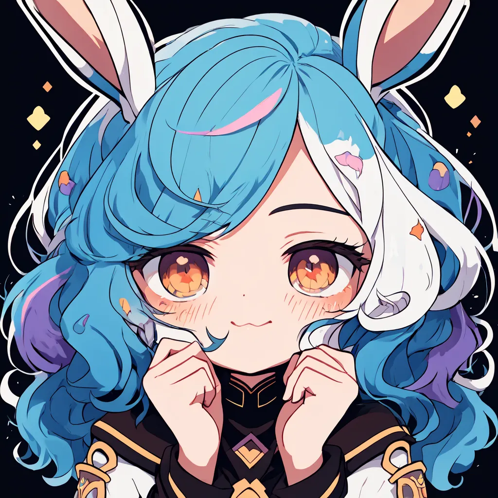 The image is a headshot of a young woman with blue hair and rabbit ears. She has yellow eyes and a pink blush on her cheeks. She is smiling and has her hands clasped together in front of her chest. She is wearing a white and gold outfit with a black cape. The background is black with some white stars and sparkles.