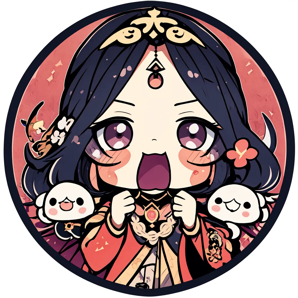 The image is a circle with a chibi character of a girl with long black hair and red eyes. She is wearing a red and gold outfit with a white fur collar. She has a surprised expression on her face and is holding her hands up to her chest. There are two small white creatures with black eyes and pink blush marks on their cheeks floating beside her head. The background is a light pink color.