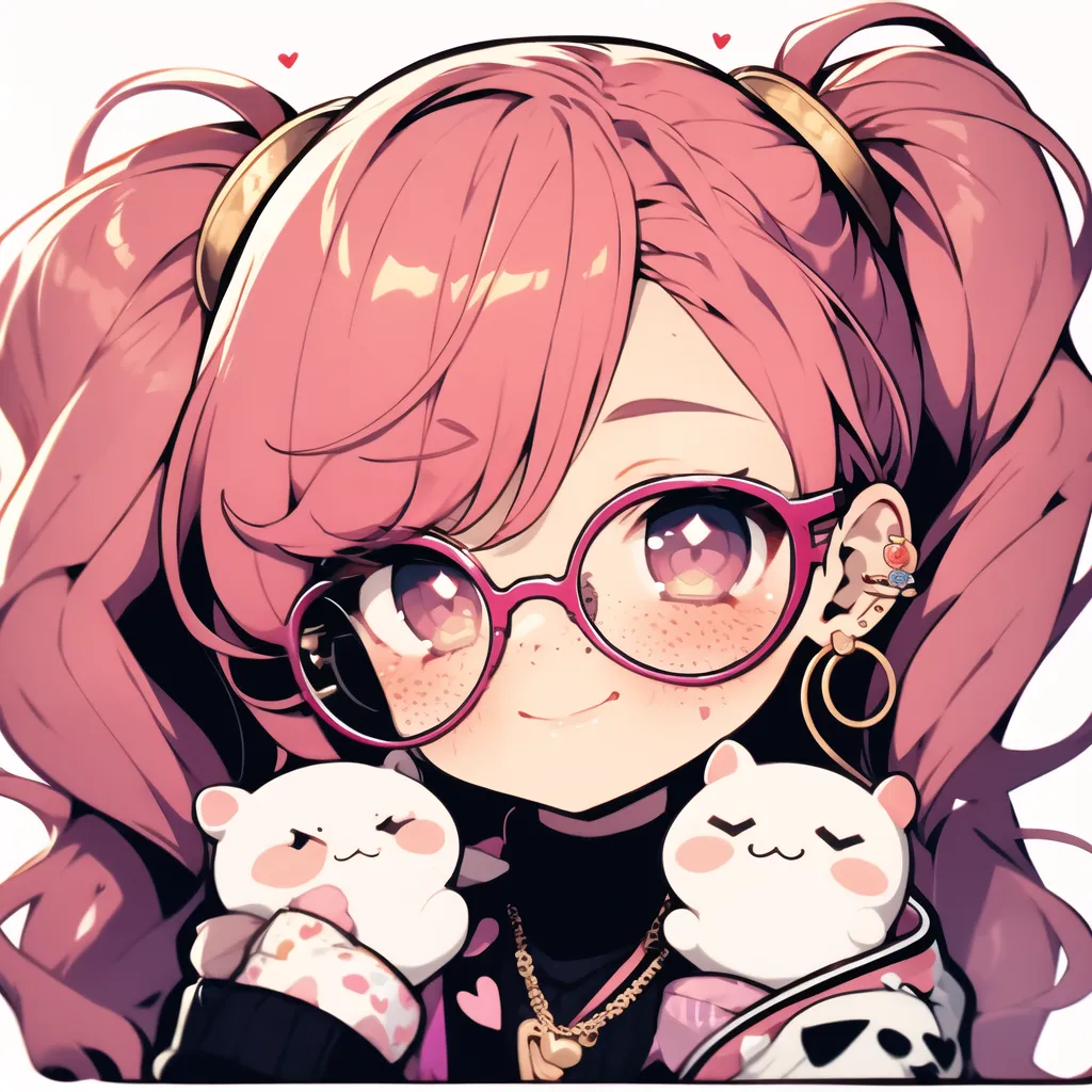 The image is of an anime girl with pink hair and glasses. She is smiling and has two small creatures with her. The girl is wearing a white shirt and a pink jacket. She has two heart-shaped earrings and a necklace with a heart-shaped pendant. The creatures are white and have pink ears. They are both smiling and have their eyes closed. The background is a light pink color.