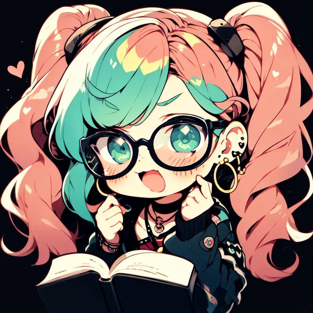 The image shows an anime-style girl with pink and green hair. She is wearing glasses, a black choker, and a black jacket with a pink and white t-shirt underneath. She is also wearing hoop earrings and has a heart-shaped stud earring in her right ear. She is sitting with a book in her hands.