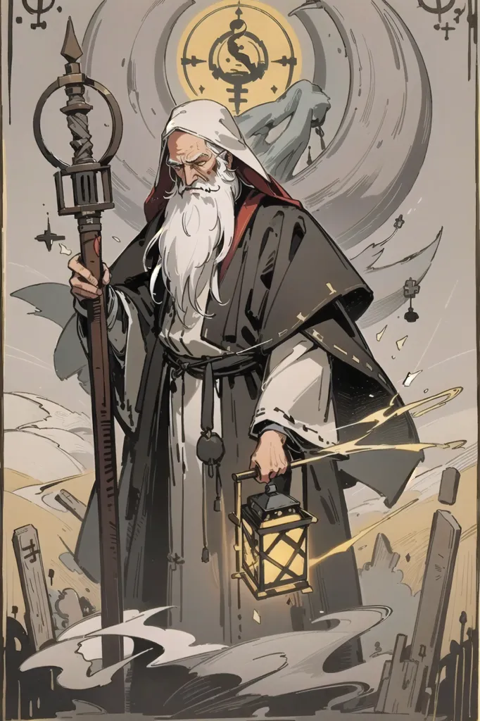 The image is of a tall, thin man with long white hair and a beard. He is wearing a long black robe with a white sash and a white turban. He is holding a staff in his left hand and a lantern in his right hand. He is standing in a desert surrounded by ruins. There is a large sun symbol behind his head.