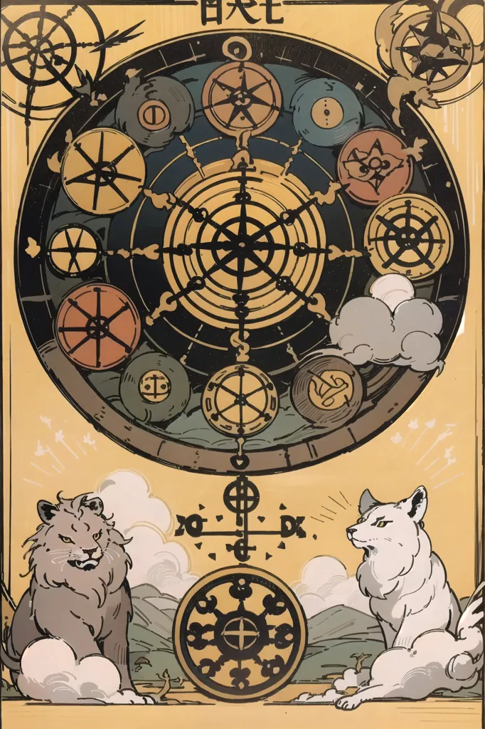 The image is a tarot card. It shows a wheel with 12 symbols on it. The wheel is flanked by two lions. The card is drawn in a medieval style.