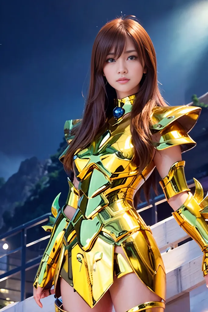 The picture shows a young woman standing on a balcony. She is wearing a golden armor and has long brown hair. The background is a night sky with stars.