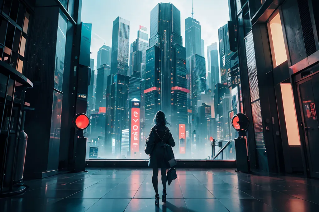 The image is a digital painting of a woman standing in a futuristic city. The woman is wearing a long black coat and a black hat. She is carrying a bag. The city is full of tall buildings and skyscrapers. The buildings are lit up by neon lights. The image is dark and moody.