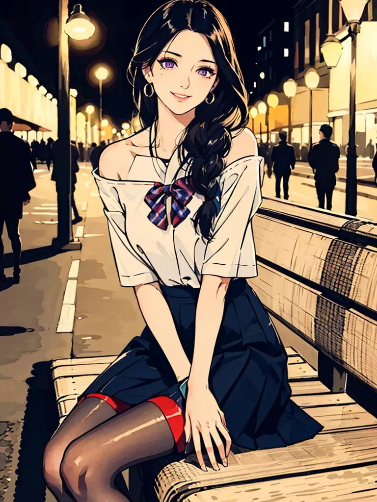 The picture shows a young woman with long black hair and purple eyes. She is wearing a white blouse, a blue skirt, and black stockings. She is sitting on a bench in what appears to be a city street at night. There are people walking in the background. The woman has a soft smile on her face.