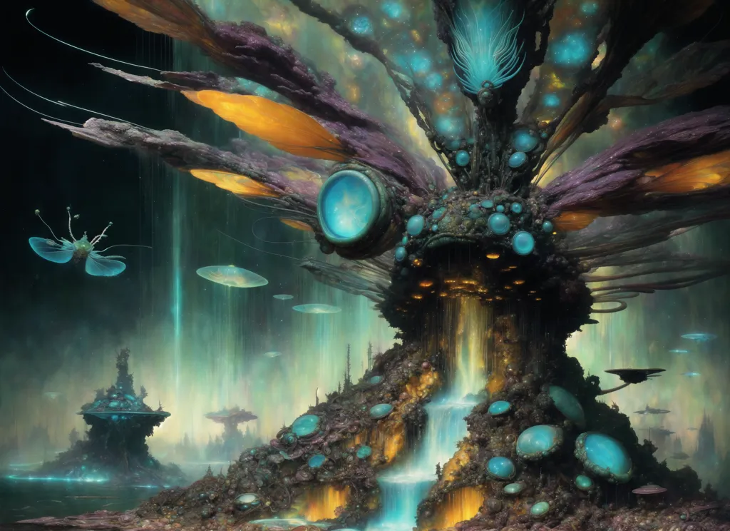 The image is set in a surreal and otherworldly landscape. There is a large, tree-like structure in the center of the image, with glowing blue and green lights adorning its branches. The tree is surrounded by strange, alien plants and creatures. There is a river running through the foreground, and there are waterfalls coming down from the tree. The image is full of vibrant colors and has a dreamlike quality.