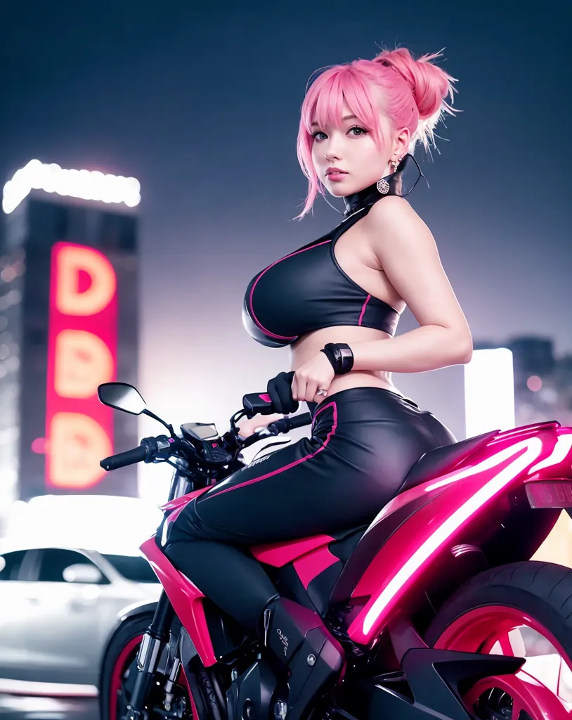 L'image montre une femme assise sur une moto rose. Elle porte une tenue noire et rose et a les cheveux roses. L'arrière-plan est une ville floue la nuit.