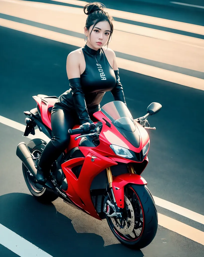 この画像には、赤いスポーツバイクに座る若い女性が写っています。彼女は黒いレザージャンプスーツと黒いヘルメットを着用しています。バイクは舗装された道路に駐車されており、女性はカメラを見つめています。女性は長い黒髪で、小さなバックパックを背負っています。バイクは赤と黒の色合いで、スリークなデザインです。女性はバイクに座り、足を組んでいます。片手はハンドルに置かれており、真剣な表情でカメラを見つめています。この画像は低い角度から撮影されており、女性は20代前半に見えます。