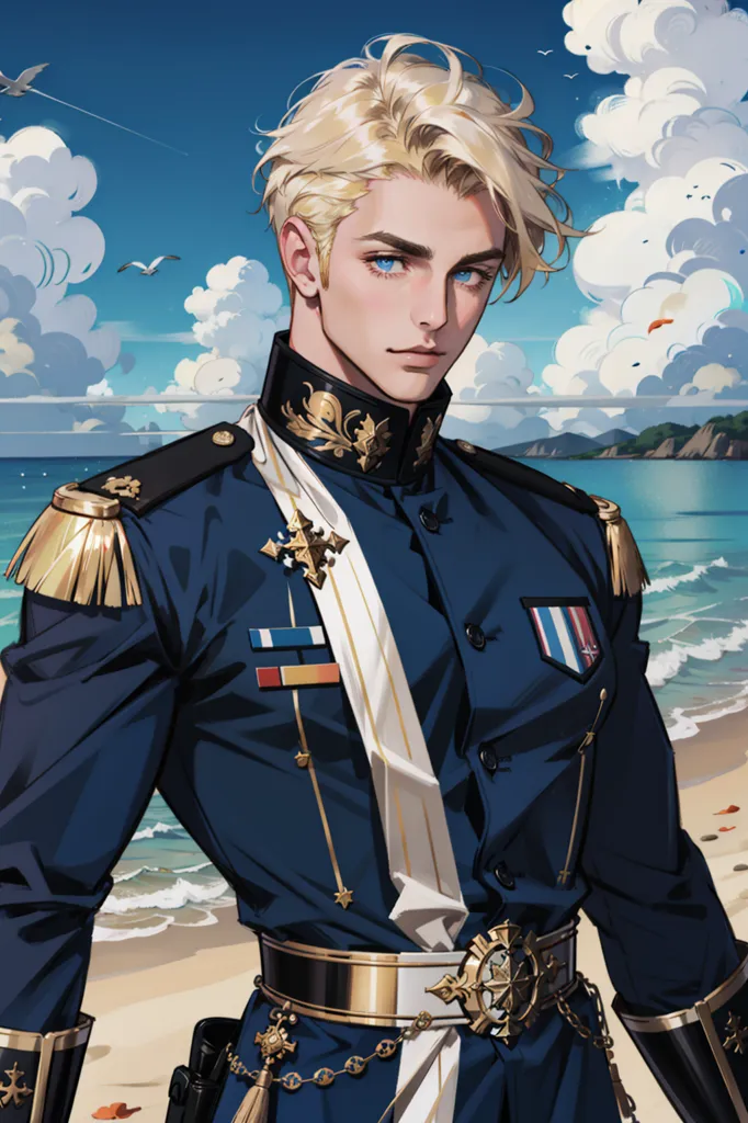 This is an image of a young man with blond hair and blue eyes. He is wearing a blue military uniform with gold epaulettes and a white sash. He is standing on a beach, with the ocean and sky behind him. The man is looking at the viewer with a serious expression.