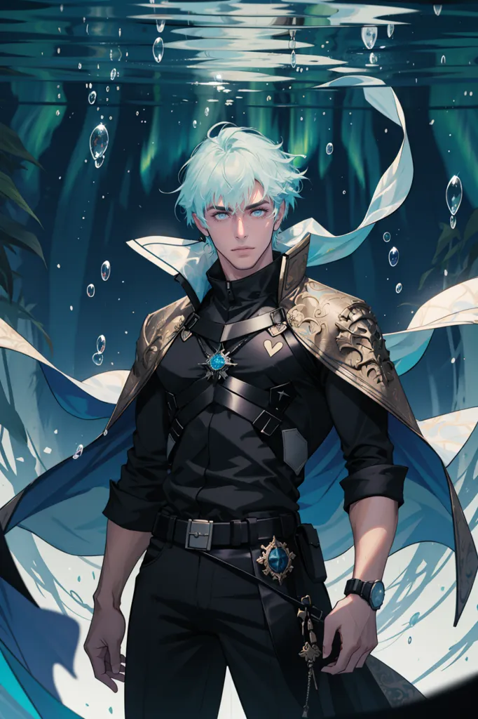 The image shows a young man with short white hair and blue eyes. He is wearing a black shirt with a white cape and a golden shoulder pad. He is also wearing a black belt with a golden buckle and a golden watch on his left wrist. He has a determined expression on his face and seems to be ready for battle. The background is a blue-green gradient with white bubbles floating up from the bottom.