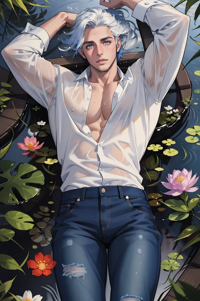 This is an image of a man with white hair and blue eyes. He is wearing a white shirt and blue jeans. He is lying in a pond with water lilies and lotus flowers. The man has his eyes closed and looks relaxed. He has a serene expression on his face. The water is clear and reflects the sky. The image is peaceful and relaxing.