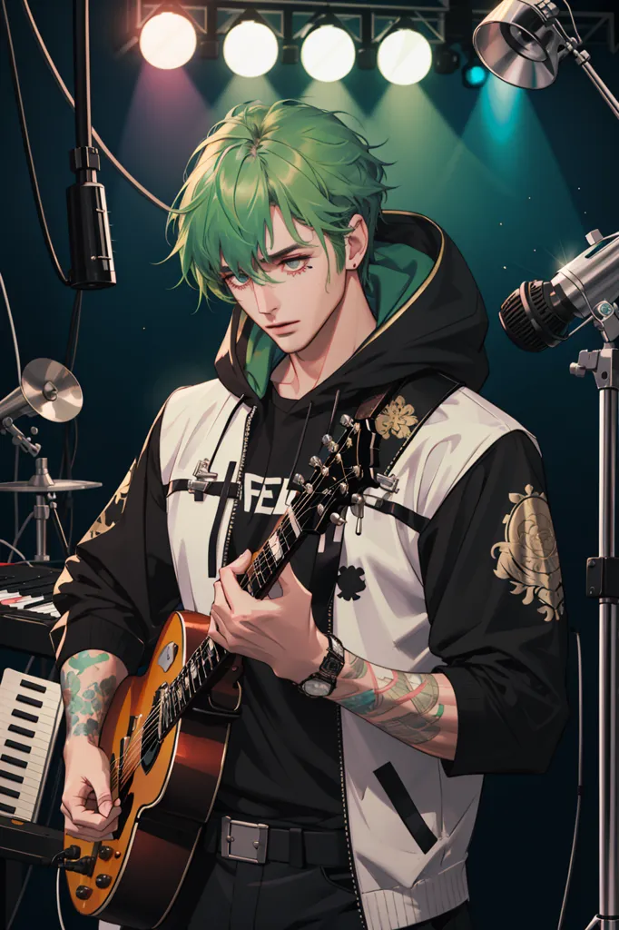 The image shows a young man with green hair playing an electric guitar. He is wearing a black jacket with white and green details and a black shirt with a white collar. He also has a black belt with a silver buckle, a silver watch on his left wrist, and several bracelets on his right wrist. He has tattoos on both arms. There is a microphone in front of him, and there are several spotlights and a keyboard in the background. The background is dark blue with a green light on the left. The man is looking at the camera with a serious expression.