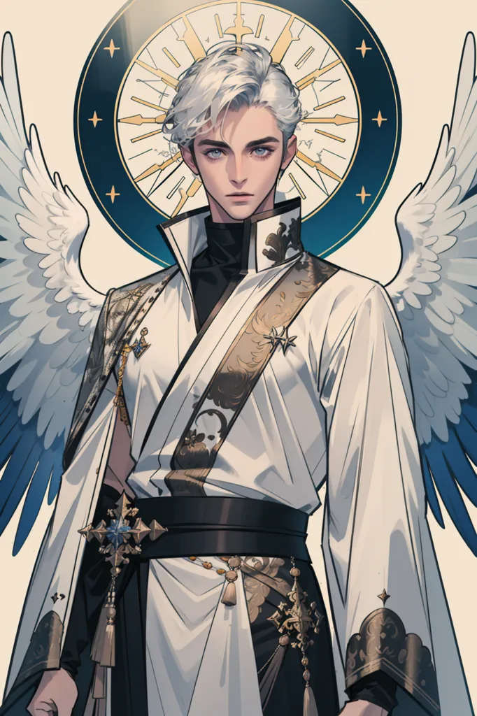 The image is of a young man with white hair and blue eyes. He is wearing a white and gold kimono with a black obi. He has a clock behind him and he is surrounded by stars. He has white and blue wings.