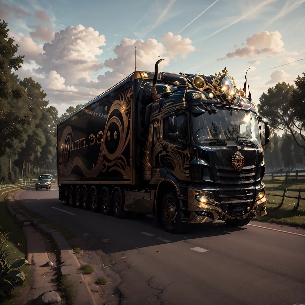 The image shows a black semi-truck with gold accents driving on a rural road. The truck is very detailed, with intricate designs and carvings all over its body. It has a large bull with horns on the front and the word \