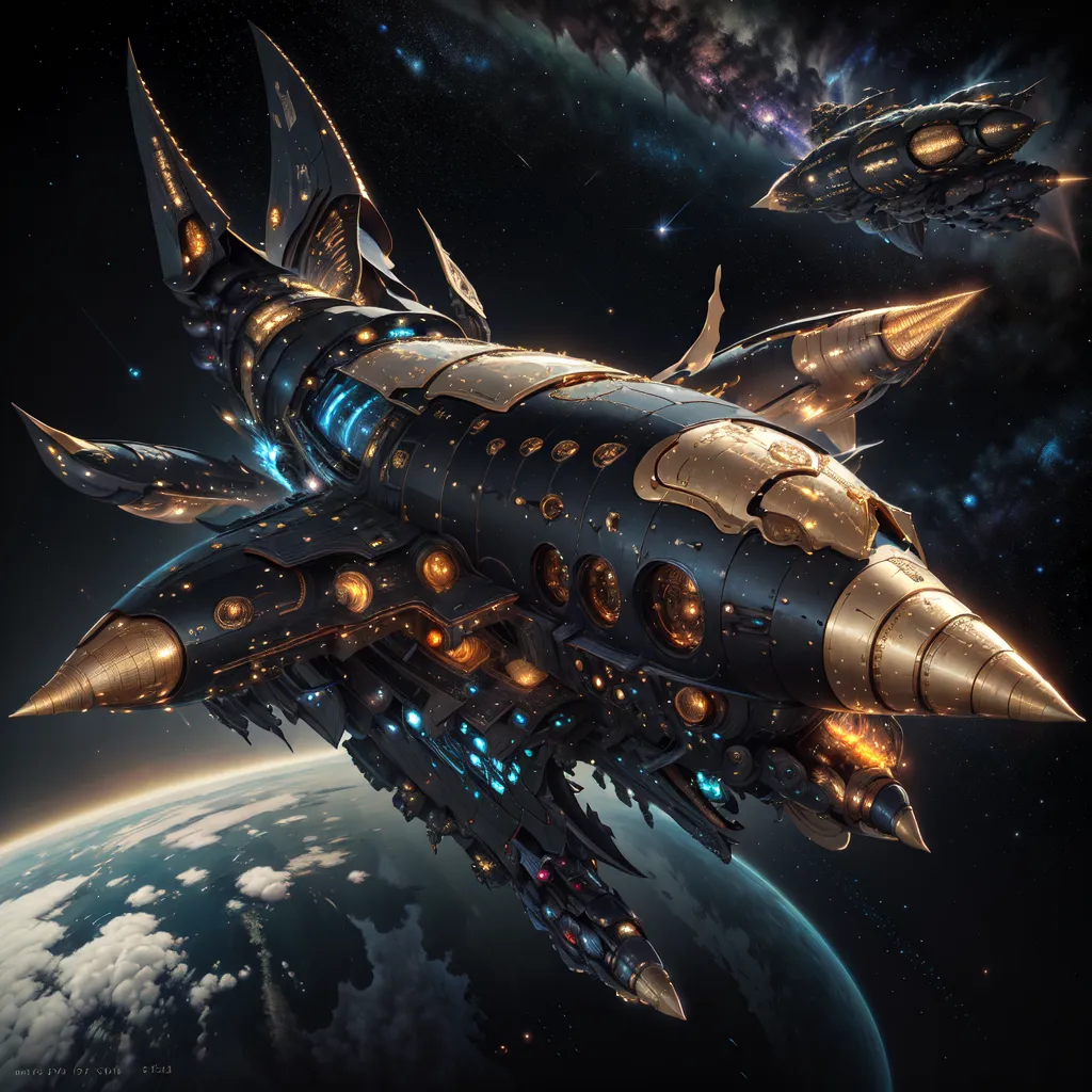 The image shows three spaceships in space. The ships are all black and gold, and they have a sleek, futuristic design. The ships are flying in formation. There is a planet with a blue atmosphere in the background.