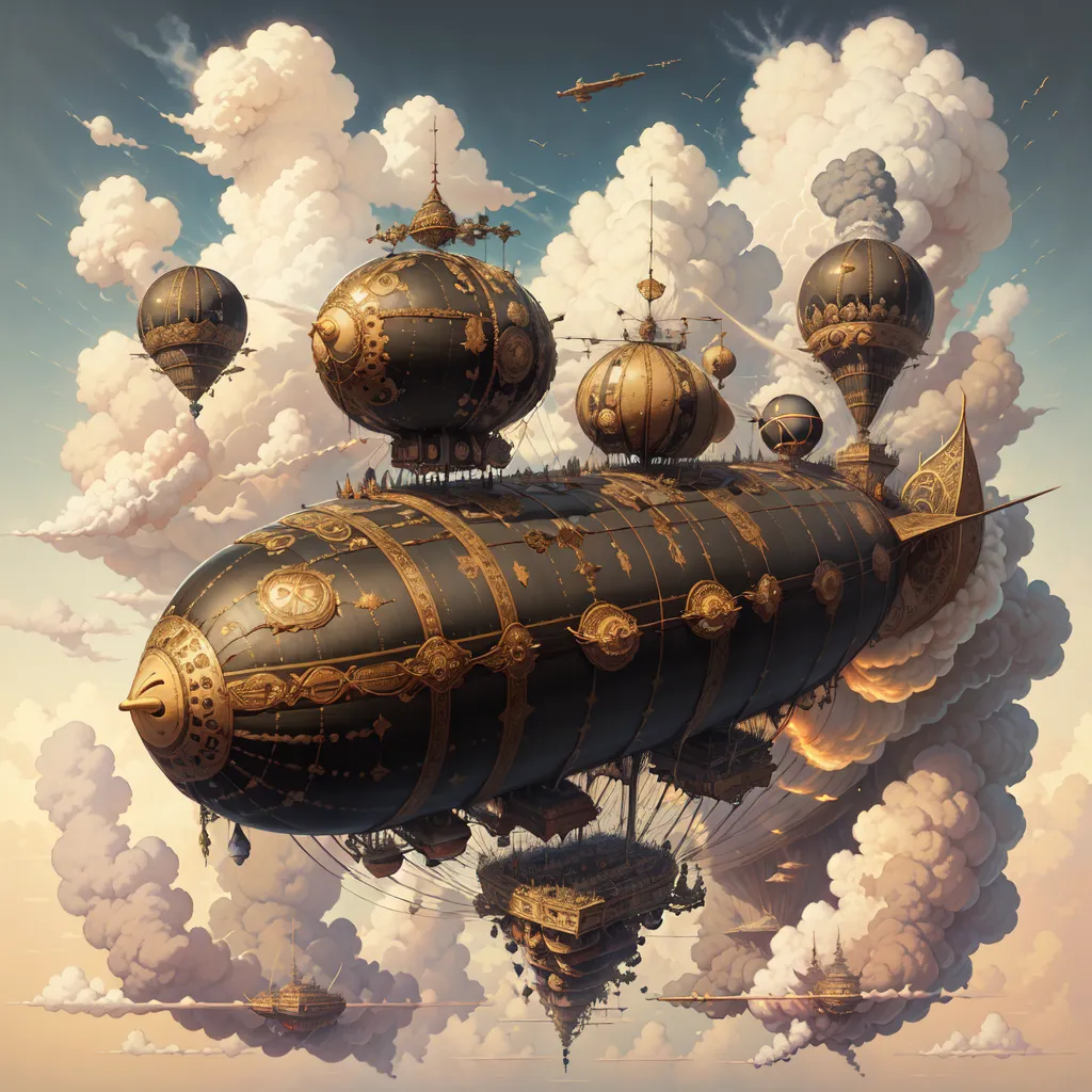 The image is of a steampunk airship. It is a large, black and gold vessel with multiple decks and a variety of steampunk accessories. The airship is surrounded by clouds and there are smaller airships flying around it. There are also some birds flying near the airship.