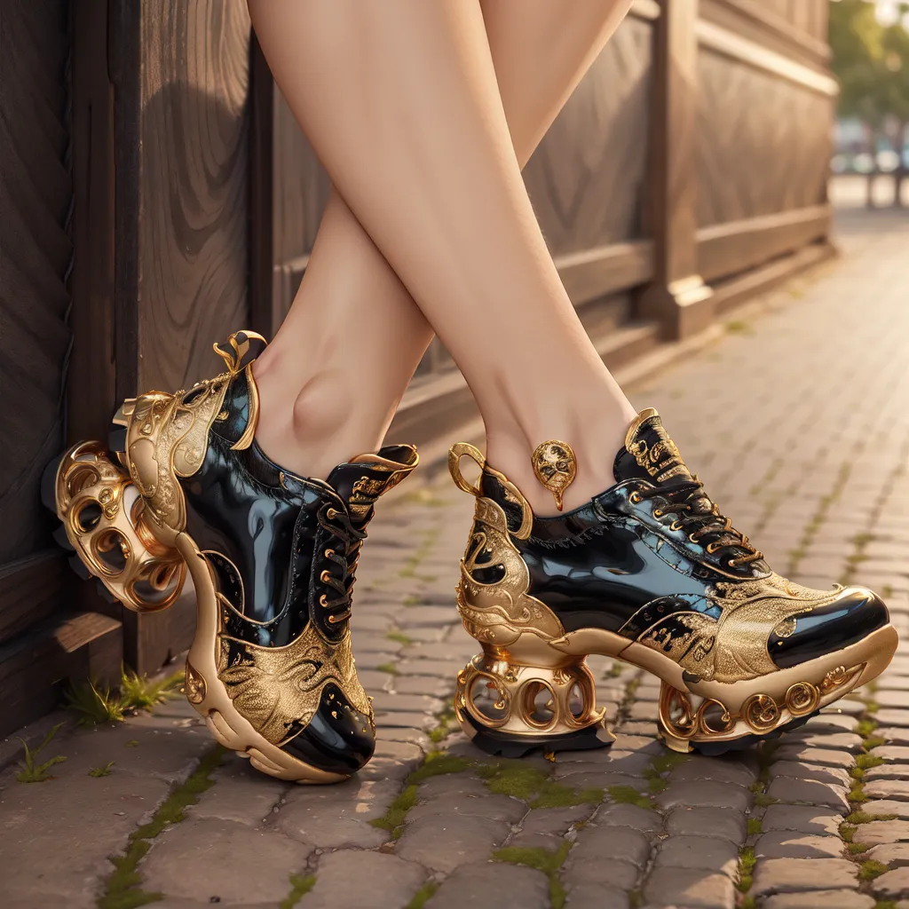 A woman is wearing a pair of black and gold sneakers. The sneakers have a thick sole and are covered in gold-colored embellishments. The woman is standing on a cobblestone street.