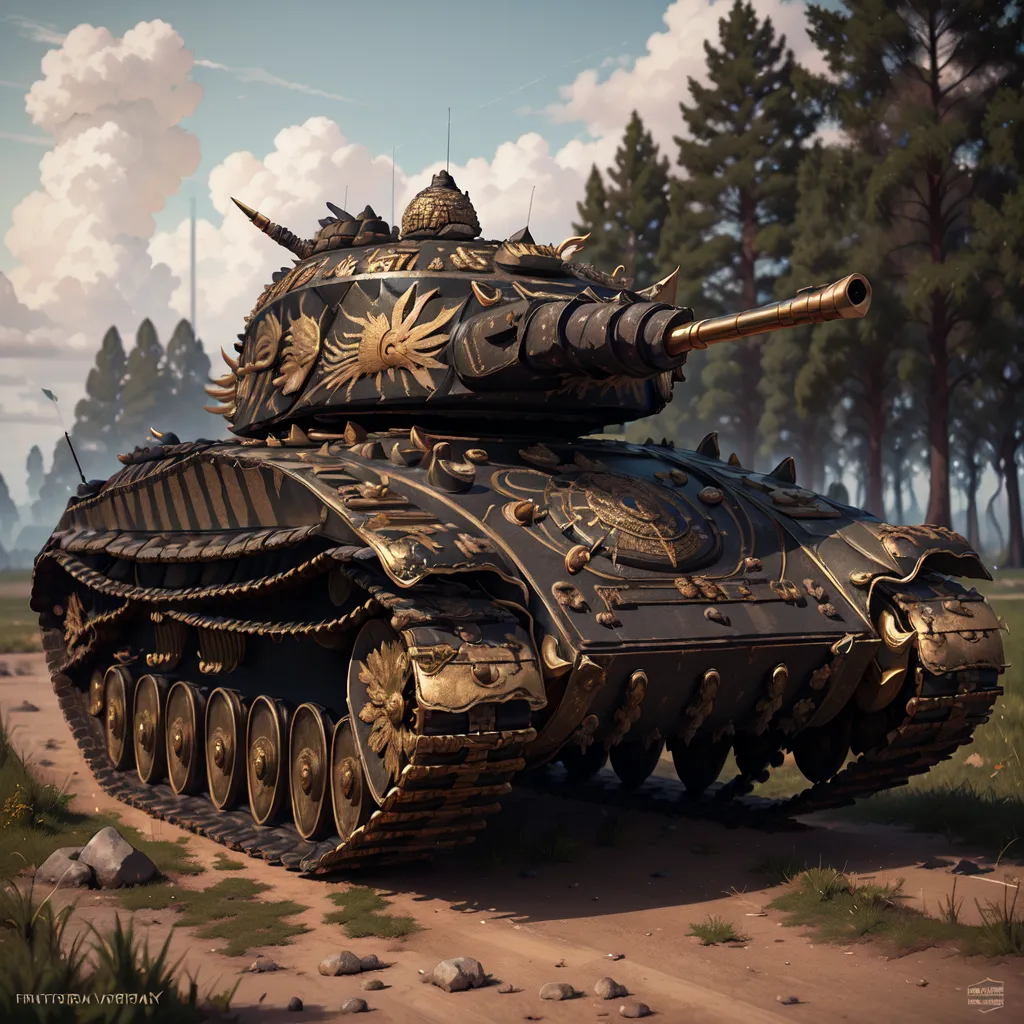 The image shows a black and gold tank. The tank is covered in intricate details and carvings. The tank is surrounded by trees and appears to be in a forest. The tank is also very large, and it looks like it would be very powerful.