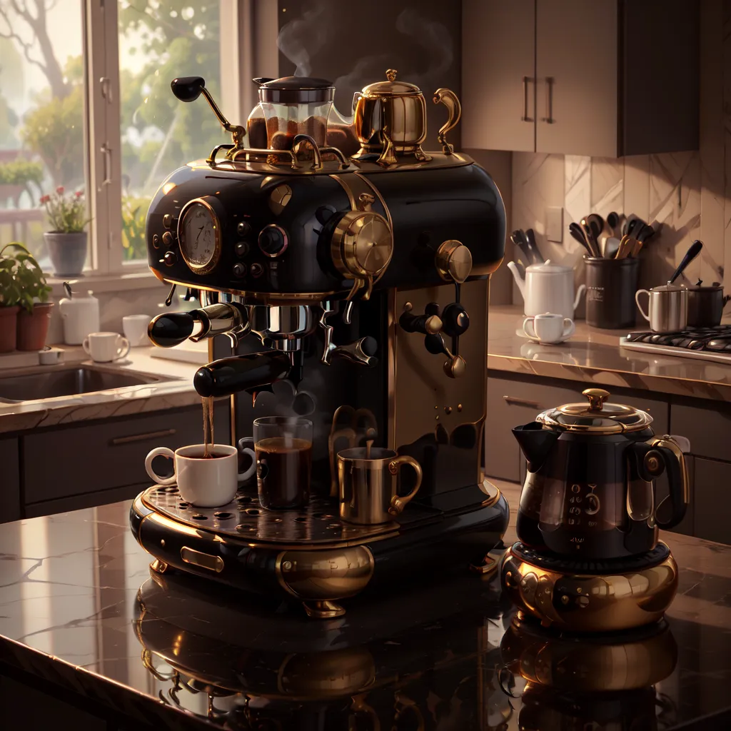 The image shows a black and gold coffee machine on a kitchen counter. The coffee machine has a clock on the front and various knobs and levers. There are two cups of coffee on the drip tray and a gold kettle next to the machine. The machine is turned on and there is steam coming out of the top. The kitchen counter is made of black marble and there is a window in the background.