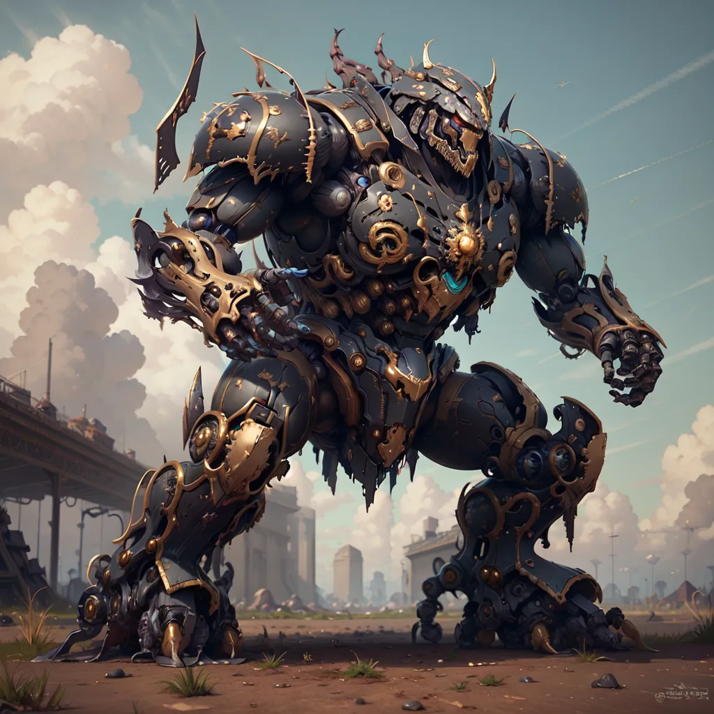 The image is a digital painting of a steampunk mech. The mech is black and gold, with intricate details and glowing blue eyes. It is standing in a ruined city, with a large bridge in the background. The mech is surrounded by rubble and debris, and there are large buildings in the background. The sky is cloudy and there is a hint of sunlight breaking through the clouds. The mech is standing in a powerful pose, with its arms outstretched and its head turned to the side. It looks like it is ready to attack.