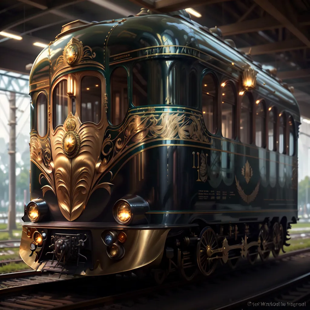 L'image montre un train de luxe vert et or avec des décorations dorées ornées. Il a des phares brillants et le numéro 11 sur son côté. Le train est assis sur une voie dans une gare.