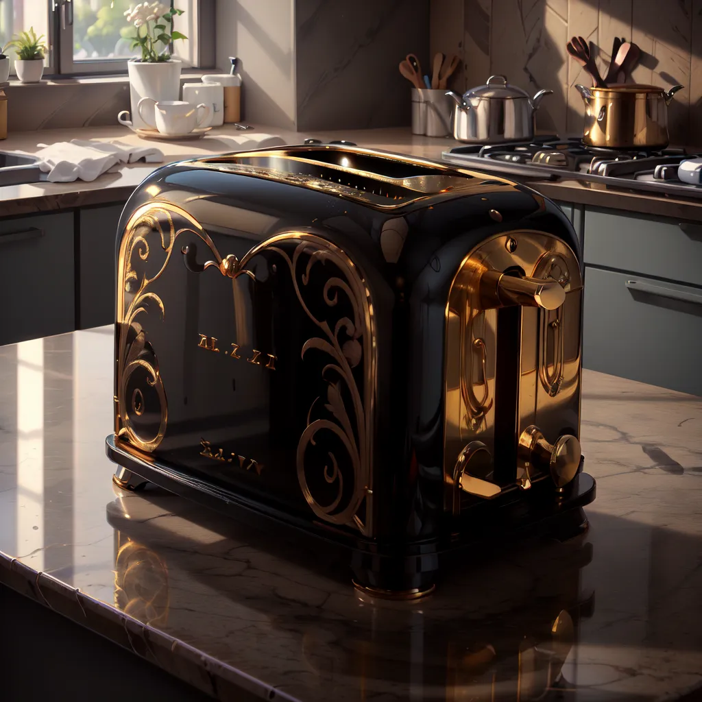 The image shows a black toaster with golden elements. It has a sleek and modern design, with a curved front and a large handle. The toaster is sitting on a marble countertop, and there is a window in the background. The toaster is reflecting the light from the window, and it is casting a shadow on the countertop.