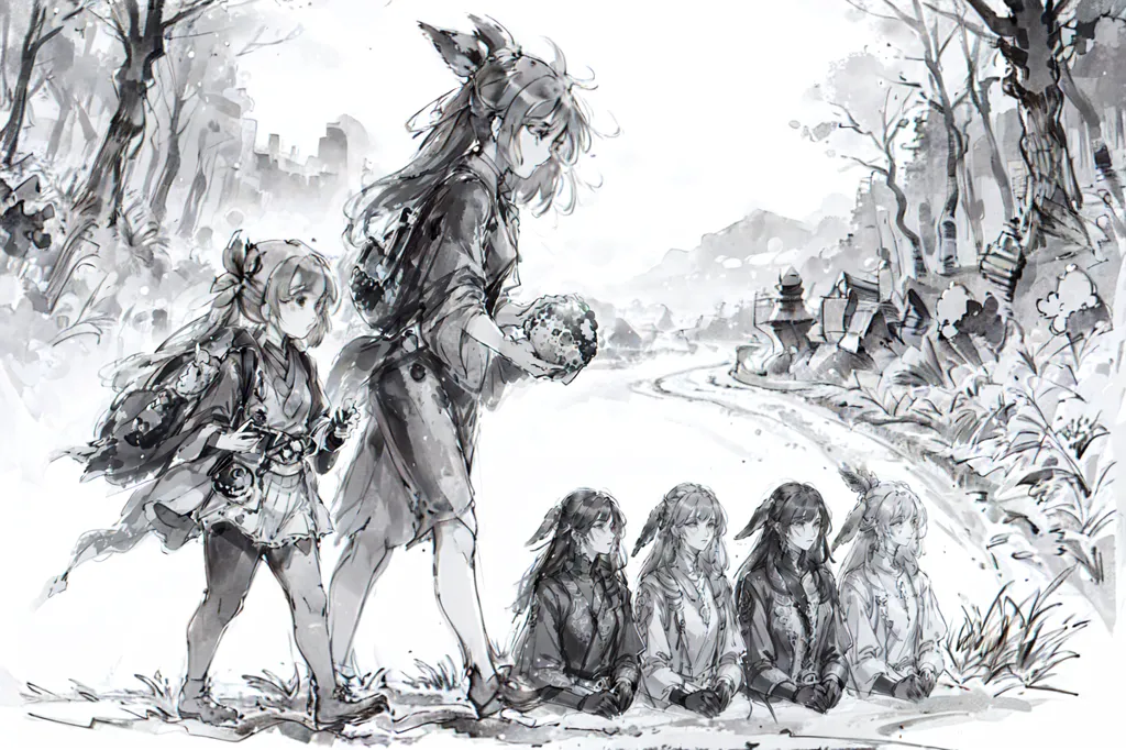 The image is in a traditional Chinese painting style. It depicts a group of people walking in a snowy forest. There are six people in the group, all of whom are wearing traditional Chinese clothing. The people are walking in a single file line, with the tallest person in the front and the shortest person in the back. The people are carrying various objects, including a large ball, a lantern, and a basket. The background of the image is a snowy forest. The trees are bare, and the ground is covered in snow. The image is peaceful and serene.