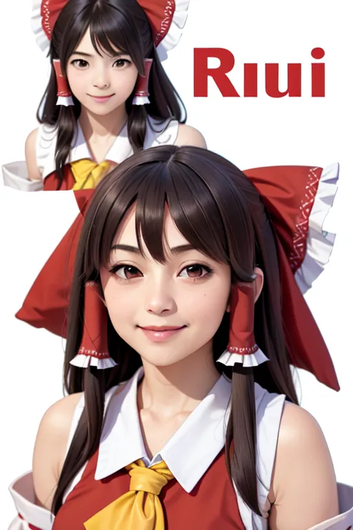 This is an image of a young woman with long brown hair and brown eyes. She is wearing a red and white miko outfit. The outfit consists of a red haori with white sleeves and a red skirt. She is also wearing a red and white hat with a large red bow on the back. The woman is standing in front of a white background with her hands clasped in front of her. The image is cropped at the