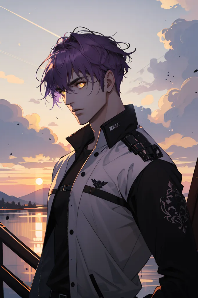 La imagen es de un hombre joven con el cabello morado y ojos amarillos. Lleva una chaqueta blanca y negra y hay un atardecer en el fondo. El cielo está nublado y hay un lago en primer plano.