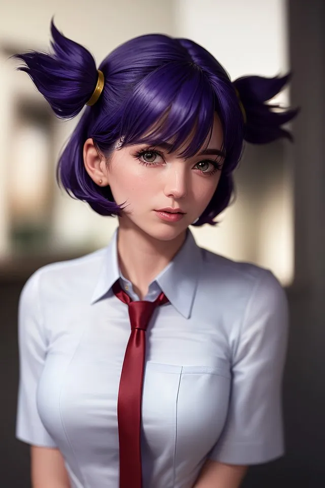 The image shows a young woman with purple hair and brown eyes. She is wearing a white shirt and a red tie. Her hair is short and styled in two buns on top of her head. She has a soft smile on her face and is looking at the viewer. The background is blurred and out of focus.