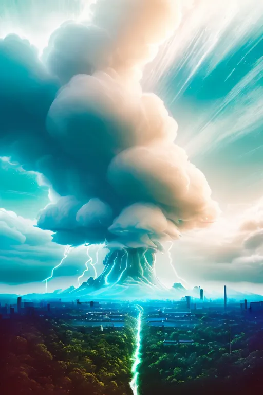 The image is a digital painting of a city being destroyed by a volcanic eruption. The volcano is erupting in the background, and the city is in the foreground. The eruption is causing a large amount of ash and debris to fall on the city, and there are bolts of lightning. The sky is dark and there are clouds everywhere. The city is in ruins, and there are no people visible in the image.