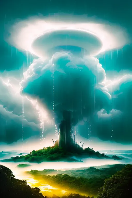 The image is a digital painting of a fantasy landscape. It shows a giant, glowing mushroom-shaped cloud rising from a lush, green island. The cloud is surrounded by a halo of light, and there are bolts of lightning flashing from it. The island is covered in lush vegetation, and there are waterfalls flowing down the sides of the mushroom cloud. There is a bright light coming from the center of the island. The painting is done in a realistic style, and the colors are vibrant and saturated.