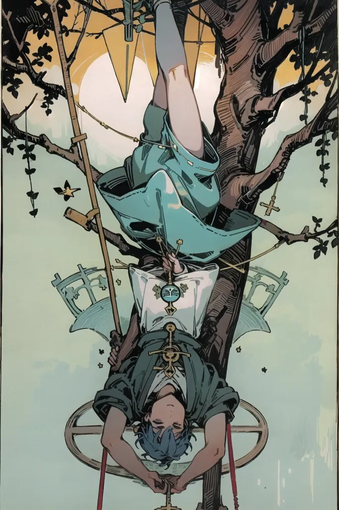 This is an illustration of a person hanging upside down from a tree. The person is wearing a white shirt, blue pants, and a green jacket. They have a sword in their hand and there are several tarot symbols surrounding them, including the sun, the moon, and the hanged man. The image has a surreal quality to it, and it is unclear what the meaning is.