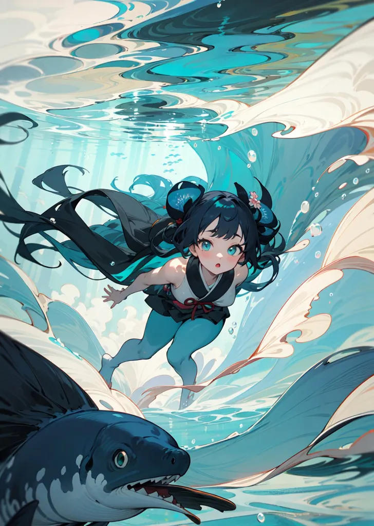 The image is of an anime-style girl with long black hair swimming in the ocean. She is wearing a white and red striped swimsuit with a black obi. The girl has blue eyes and is looking at a fish that is swimming near her. The fish is blue and white with sharp teeth. The background of the image is a light blue color with a white gradient at the top and a dark blue gradient at the bottom.