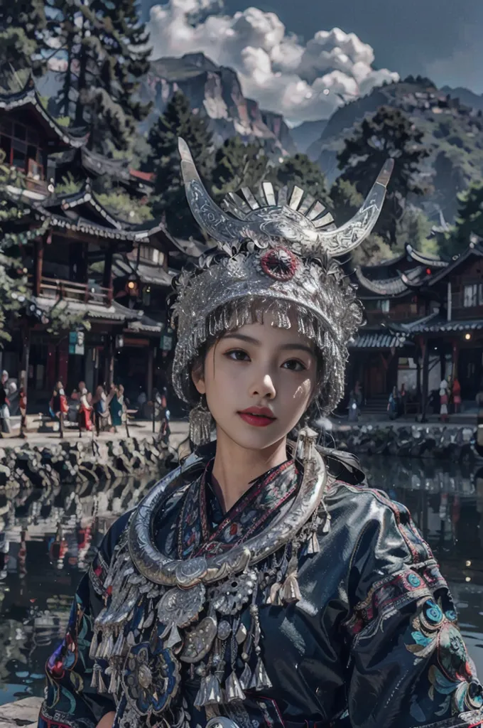 La imagen muestra a una mujer joven con ropa tradicional china. Lleva un tocado de plata con dos cuernos que sobresalen en la parte superior y un gran collar de plata. El resto de su atuendo consiste en un chaleco negro con bordados de colores y varias otras piezas de plata. Está de pie frente a un edificio tradicional chino con un lago delante. Hay montañas al fondo.