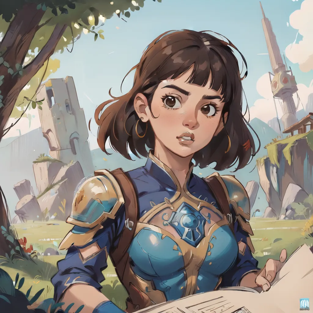 This image shows a young woman with short brown hair and brown eyes. She is wearing a blue and gold cuirass with matching pauldrons and a white tabard. She is also wearing a brown belt and has a green quiver slung over her shoulder. She is standing in a field, looking at a map. In the background, there are some ruins.