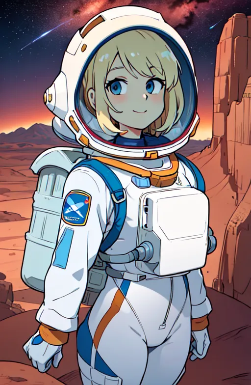 Esta es una imagen de una chica con estilo de anime en un traje espacial con una coleta rubia y ojos azules. Ella está de pie en un planeta rocoso con un cañón en el fondo. Hay dos lunas en el cielo y un cielo rojo-naranja.