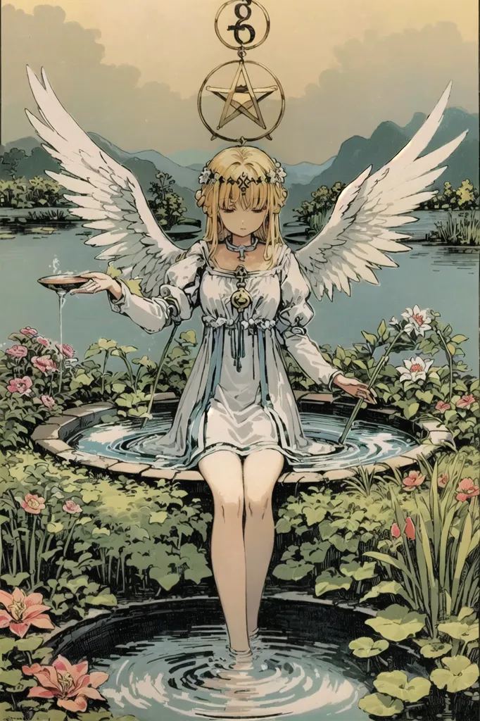 The image is of a beautiful young woman with long, flowing blonde hair and blue eyes. She is wearing a white dress with a blue sash and has a gold necklace with a star-shaped pendant around her neck. She is sitting on the edge of a fountain, with her feet in the water. The fountain is surrounded by flowers and plants, and there is a forest in the background. The woman has her arms outstretched, and she is looking up at a six-pointed star that is shining above her. The star is surrounded by a circle, and there are two small wings on either side of it. The woman's wings are outstretched behind her.