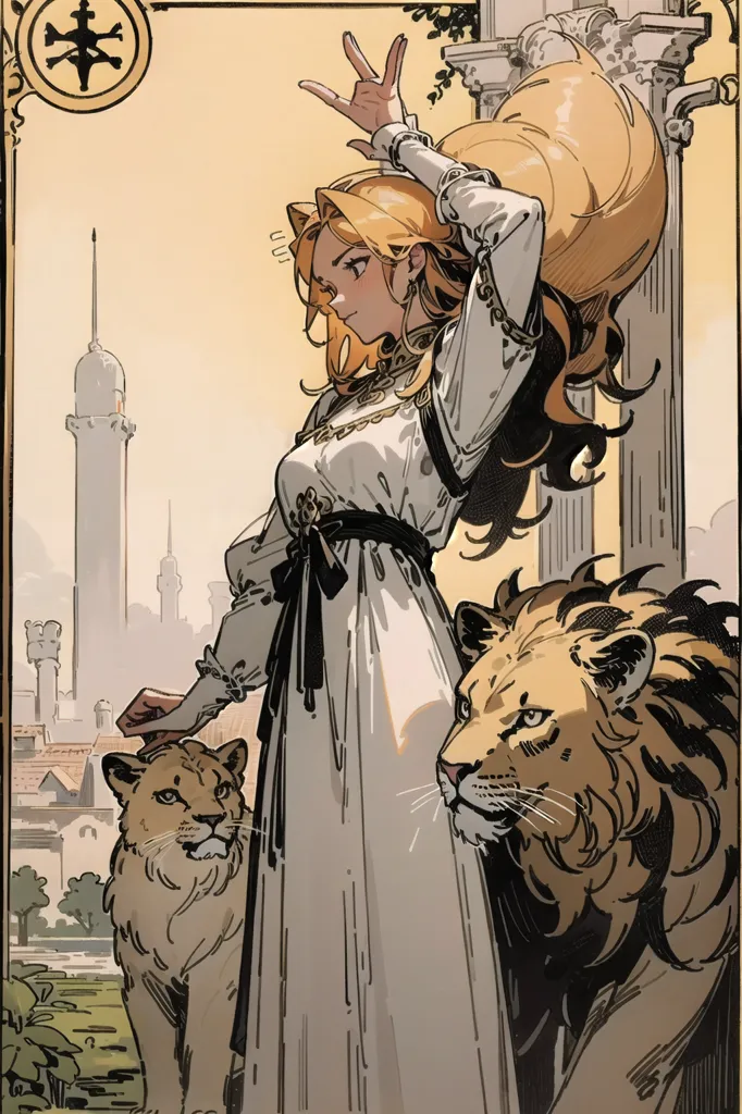 The image is of a woman with long blond hair wearing a white dress with a black belt. She is standing in front of a stone column, with one hand raised to her head and the other resting on the head of a lion. There is another lion standing on her right side. In the background, there is a city with tall buildings and towers.