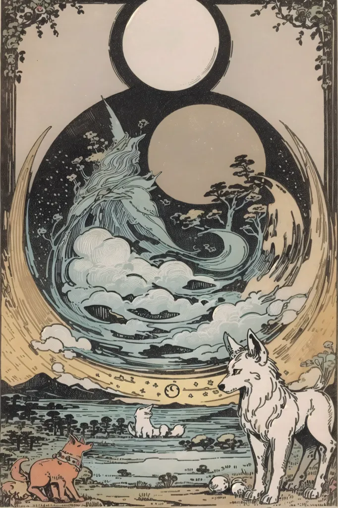 The image is a depiction of a scene from Japanese folklore. The moon is full, and a white wolf stands in the foreground. A kitsune, a Japanese fox spirit, stands in front of the moon. The kitsune is depicted as a beautiful woman with long, flowing hair. She is wearing a kimono, and she has a fox tail. The kitsune is smiling, and she seems to be enjoying the moonlight. In the background, there is a forest of pine trees. The trees are silhouetted against the sky, and they add a sense of mystery to the scene.