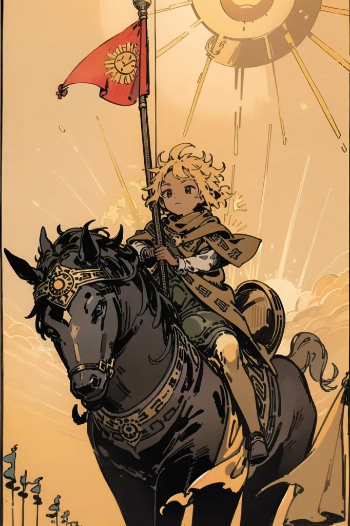 This image shows a young boy with blond hair and green eyes riding on a black horse. The boy is wearing a brown tunic and a red cape. He is holding a red flag with a yellow sun on it. The horse is wearing a golden bridle and has a golden saddle. The background is a desert with a large sun in the sky.