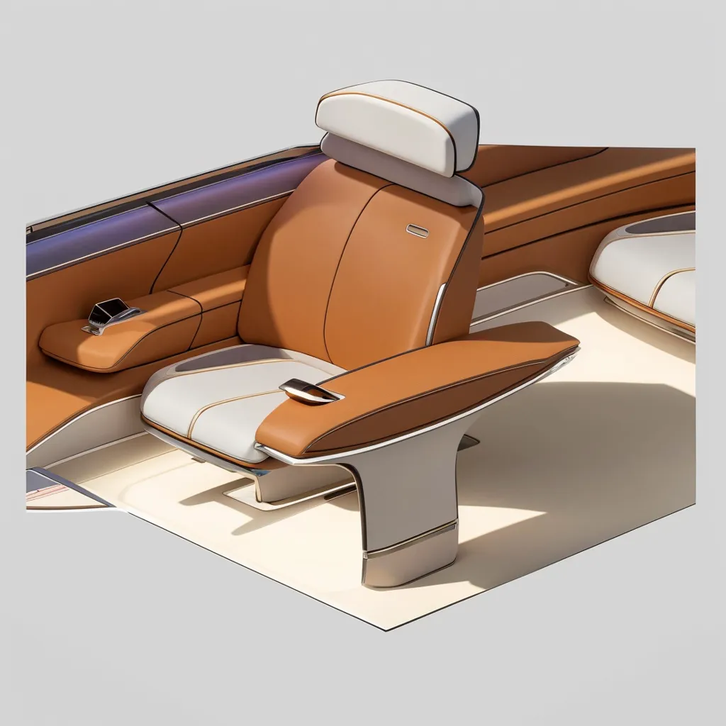 The image shows a futuristic car interior. The seat is made of brown and white leather and has a modern design. There is a center console with a touchscreen and a wireless charging pad. The car also has a large sunroof that lets in natural light.