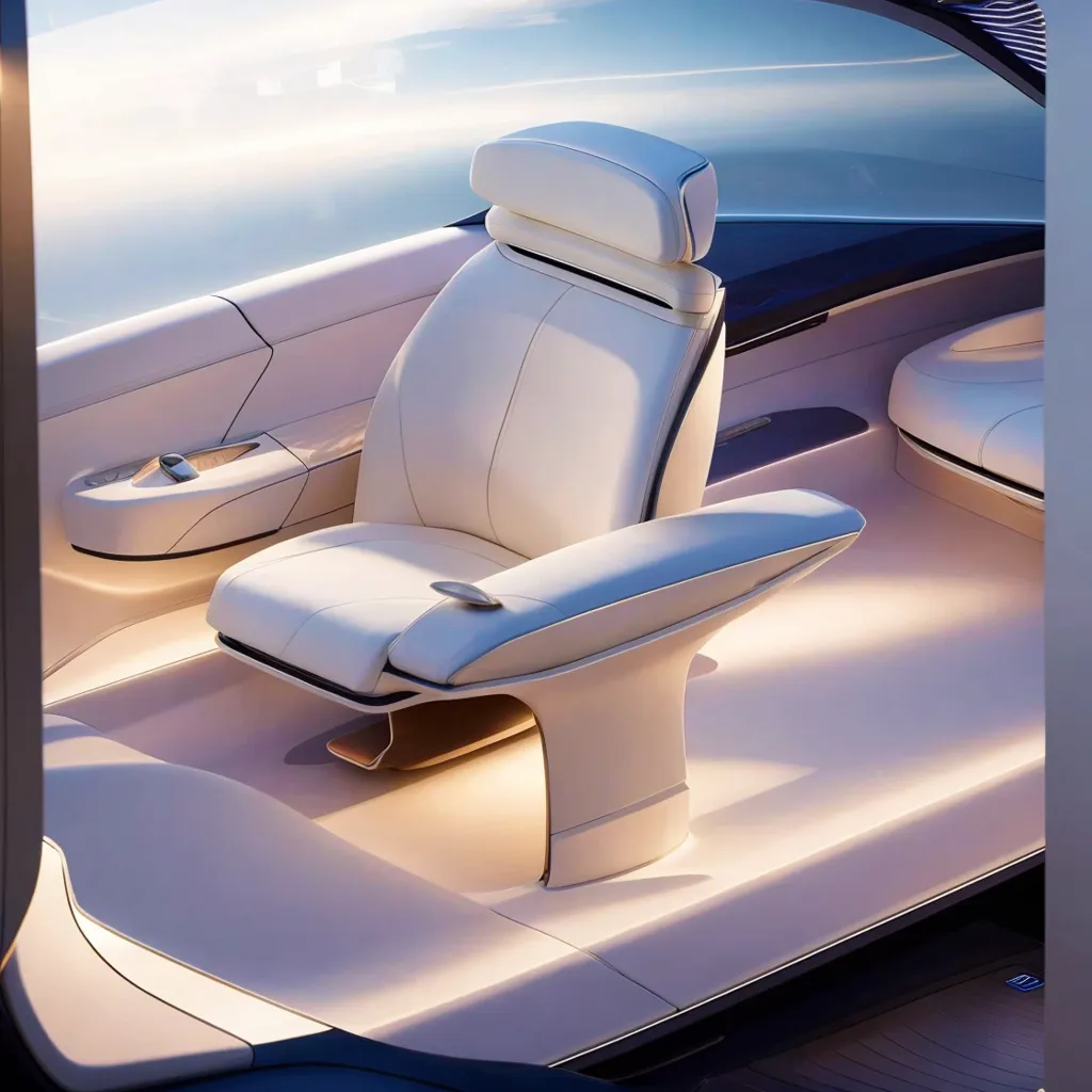 The image shows a futuristic car interior. There is a white leather seat in the center of the image. The seat is very sleek and modern, and it looks like it would be very comfortable to sit in. The floor of the car is made of a light-colored wood, and the walls are made of a white material. There is a large window in the front of the car, and there are small windows on the sides. The car is also equipped with a number of high-tech features, such as a heads-up display and a voice-activated control system.