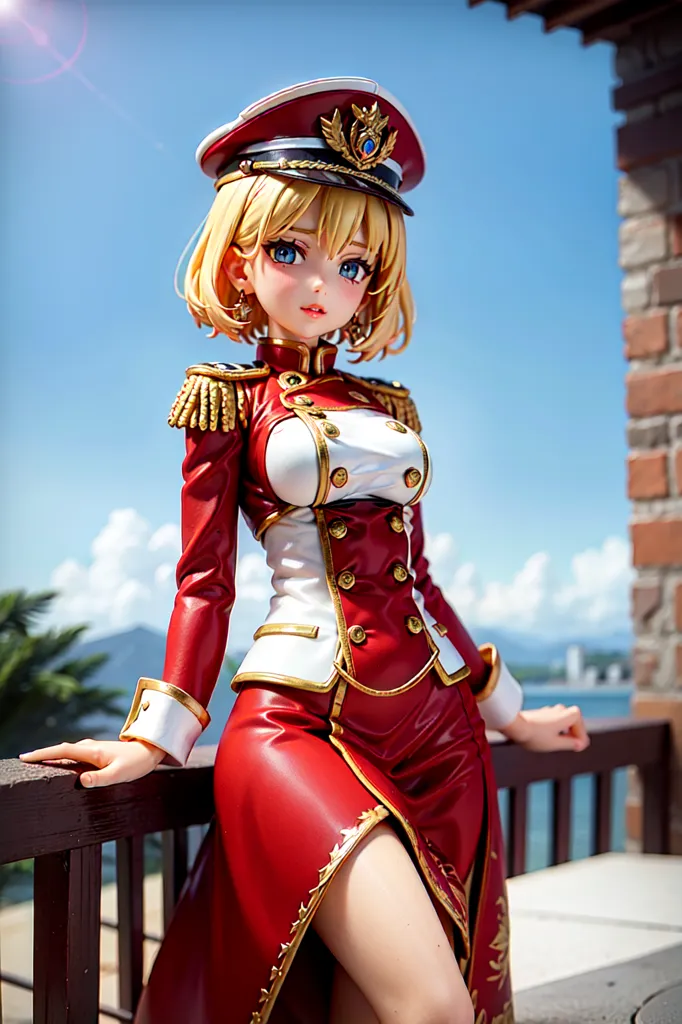 The image is an anime-style illustration of a young woman in a military uniform. She has short blonde hair and blue eyes, and she is wearing a white hat with a red band and gold trim. She is also wearing a red jacket with gold buttons and white trim, and a white skirt with a red sash. She is standing on a balcony, and there is a view of the ocean behind her.