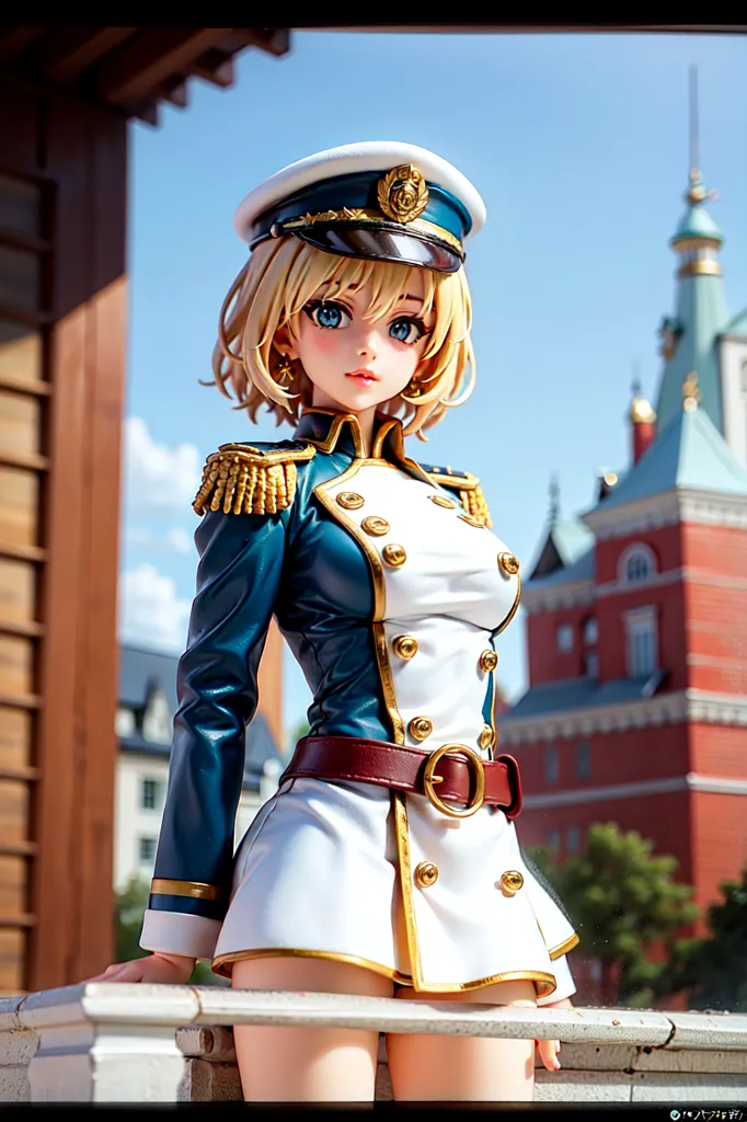 L'image est une illustration de style anime d'une jeune femme en uniforme militaire. Elle a les cheveux blonds courts et les yeux bleus, et porte un chapeau blanc avec un ruban doré, une veste bleue avec des épaulettes et des boutons dorés, et une jupe blanche. Elle porte également une ceinture marron avec une boucle dorée et une écharpe dorée. L'arrière-plan est une image floue d'une ville de style européen.