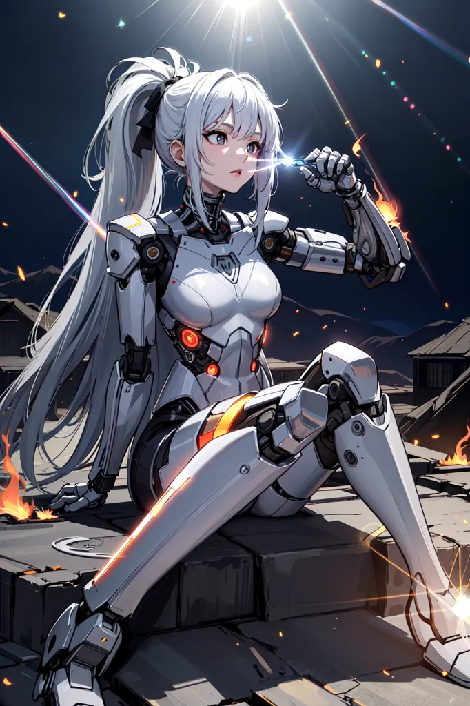 The image is of a young woman with long white hair and silver eyes. She is wearing a white and gray bodysuit with orange and yellow details. She is also wearing a pair of black boots. The woman is sitting on a pile of rubble in a ruined city. There are flames and explosions in the background. The woman is holding a small object in her hand. She is looking at the object with a curious expression on her face.