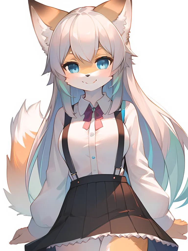 The image is of a young woman with long white and blue hair and fox ears. She is wearing a white blouse, a brown skirt, and suspenders. She has a friendly smile on her face and is looking at the viewer. Her tail is wrapped around her leg. The background is white.