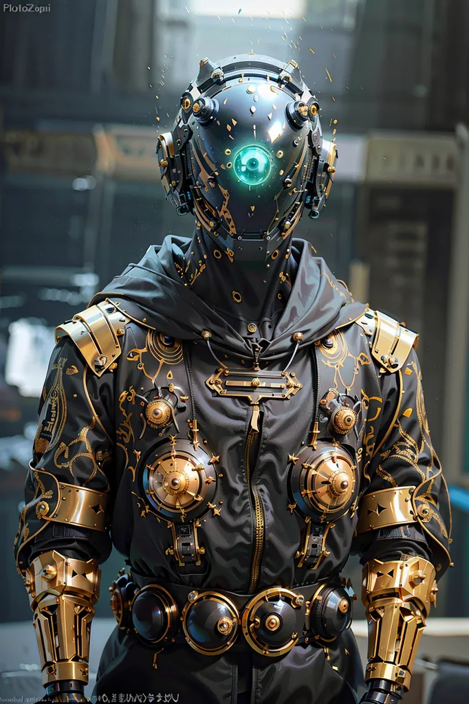 La imagen es de una persona con un traje de armadura futurista negro y dorado. La armadura tiene diseños intrincados y luces verdes brillantes. La persona lleva un casco que tiene un visor verde. También llevan una capa negra. El fondo es un borrón de gris y negro.