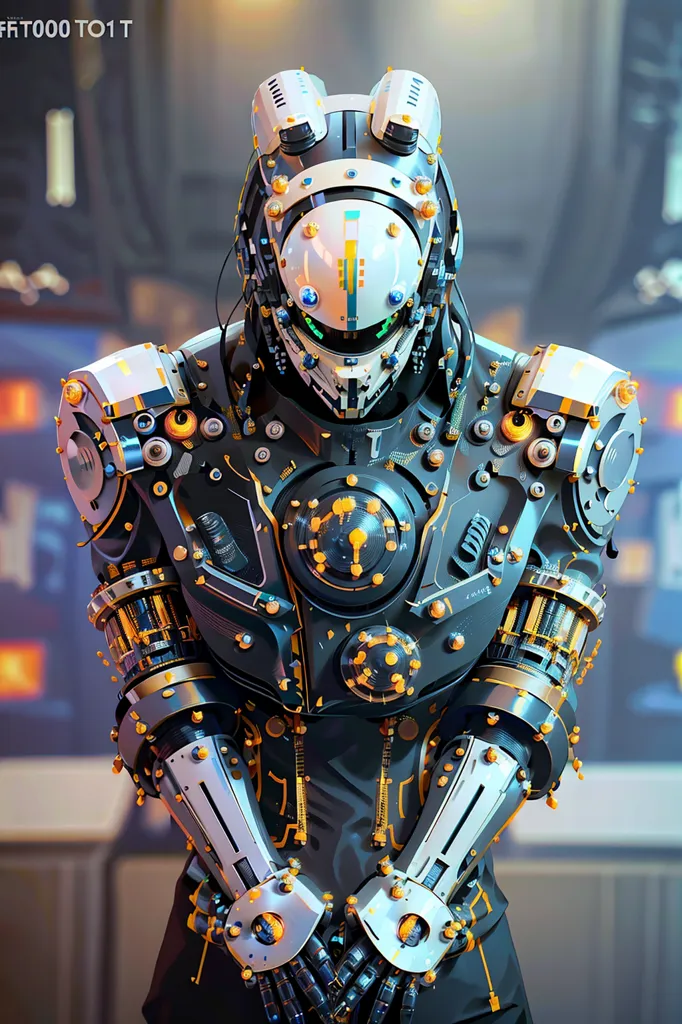 The image is a digital painting of a robot. The robot is standing in a futuristic setting. It is made of metal and has a white and black color scheme. The robot has a large head with a visor-like face. Its body is covered in armor and it has a pair of arms and legs. The robot is standing in a relaxed pose and it appears to be looking at the viewer.